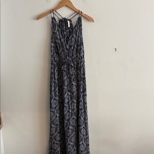 Elan Navy Blue V-Neck Sleeveless Long Maxi Dress Small Floral
